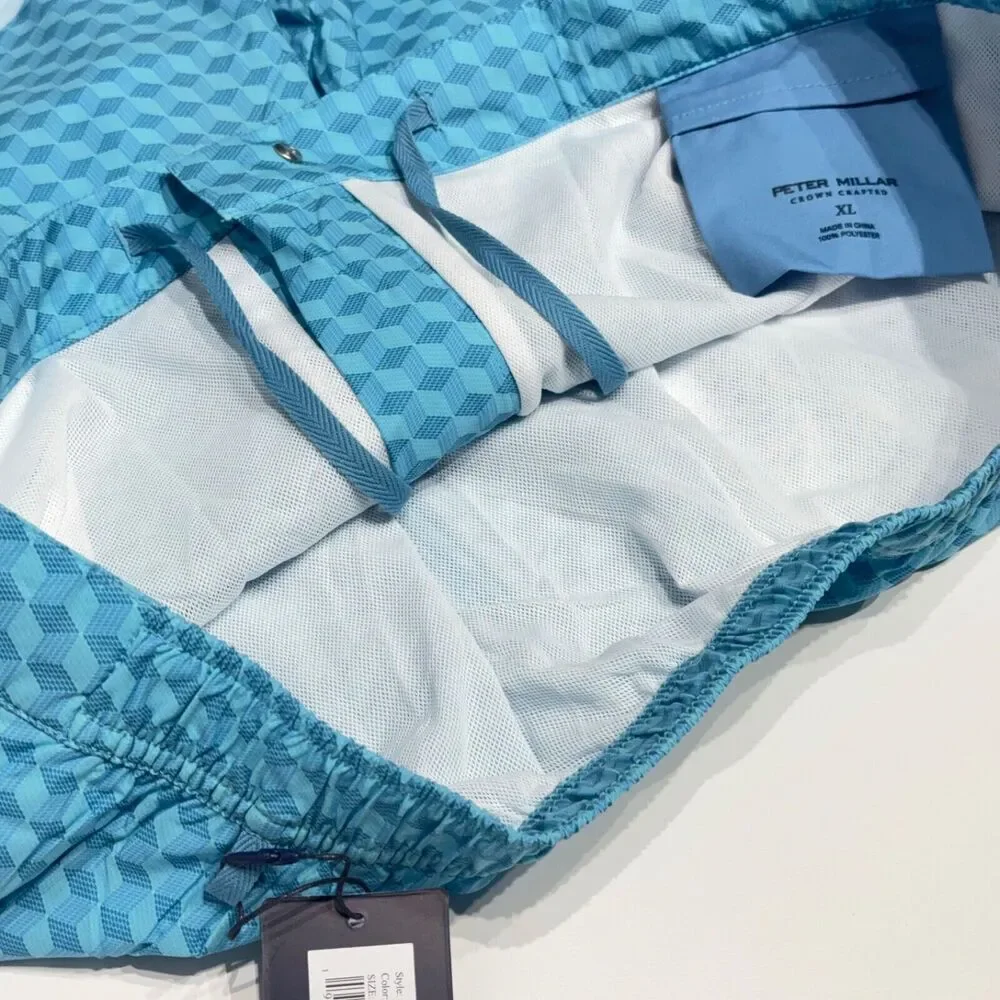 NWT $110 Peter Millar Men's Blue Geometric 5.5” Swim Trunk Lined Size XL (A8)